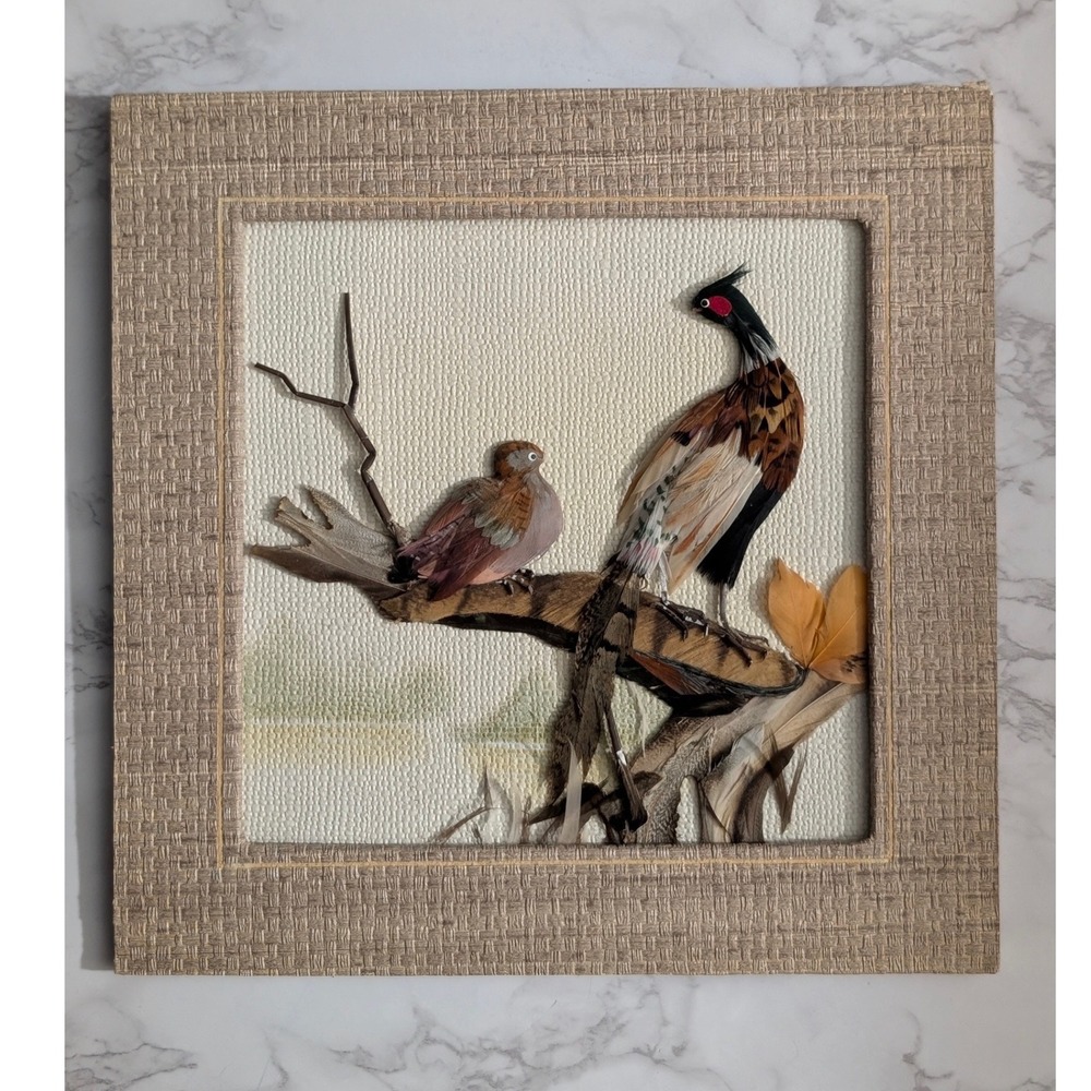Vintage 3D Feather Art Pheasant Birds on‎ Branch Framed Wall Decor 10x10